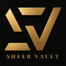 Sheer Vault luxury brand logo featuring a brushed gold geometric SV monogram on a black background.