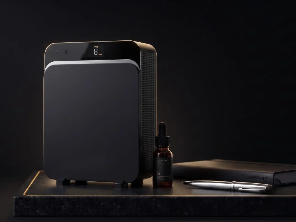 A sleek, modern air purification unit displayed in a sophisticated, minimalist interior setting.