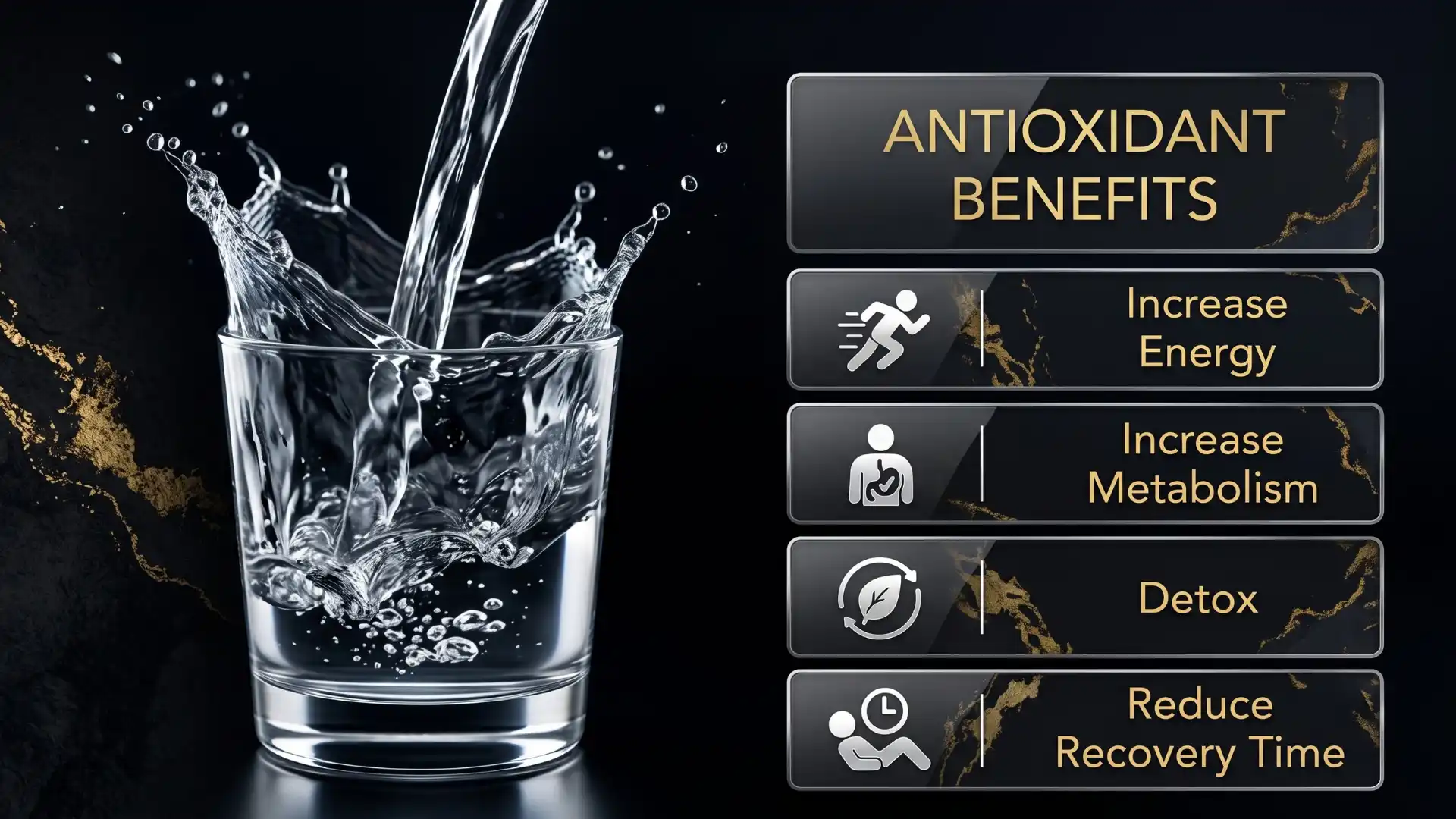 Aqua Ionizer Deluxe 7.0 | Water Ionizer | Alkaline Water Filtration System | Produces pH 4.5-11.0 | Up to -800mV ORP | 4000 Liters Per Filter | 7 Water Settings Dynamic splash of clean ionized water pouring into a crystal glass alongside an infographic panel showcasing antioxidant wellness benefits.