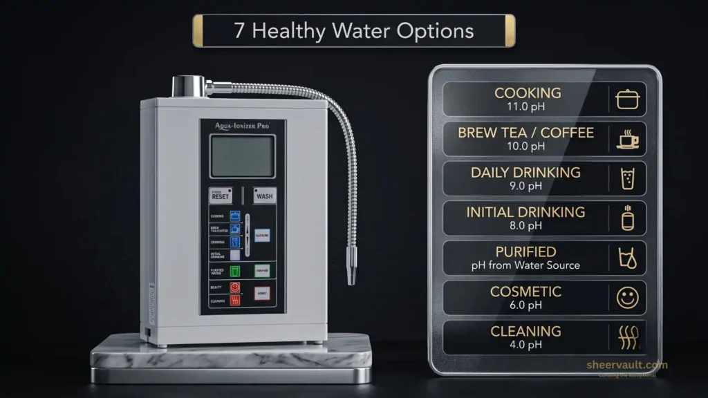 Aqua Ionizer Deluxe 7.0 | Water Ionizer | Alkaline Water Filtration System | Produces pH 4.5-11.0 | Up to -800mV ORP | 4000 Liters Per Filter | 7 Water Settings Aqua Ionizer Deluxe 7.0 unit paired with a digital menu highlighting its seven customized water settings ranging from cooking pH 11.0 to cleaning pH 4.0.