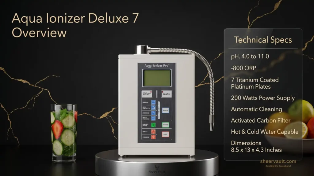 Aqua Ionizer Deluxe 7.0 | Water Ionizer | Alkaline Water Filtration System | Produces pH 4.5-11.0 | Up to -800mV ORP | 4000 Liters Per Filter | 7 Water Settings Front view of the Aqua Ionizer Deluxe 7.0 alkaline water filtration system next to a glass of fruit-infused water, displaying its technical specs panel on the right.