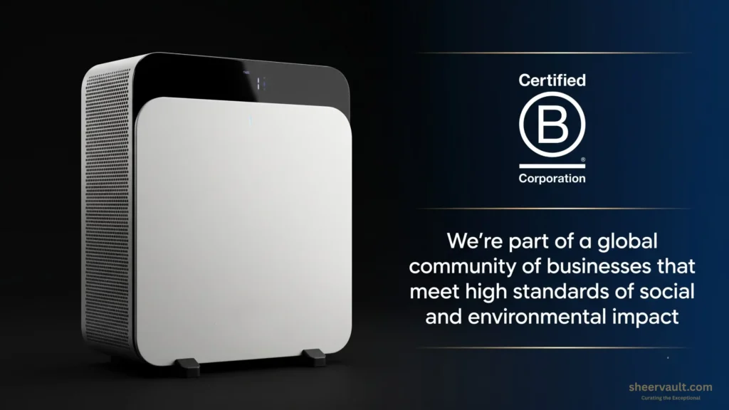 The Truth About Indoor Air:A Deep Dive into the Blueair Classic Pro CP7i The sleek profile of a white and black Blueair premium air purifier positioned next to a gold-trimmed Certified B Corporation seal on a dark, minimalist backdrop.