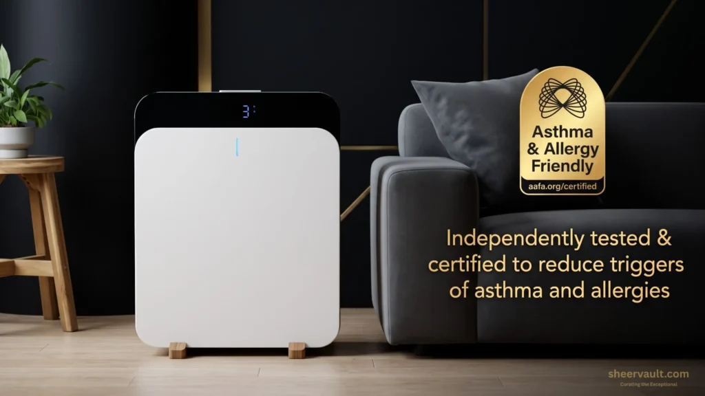 The Truth About Indoor Air:A Deep Dive into the Blueair Classic Pro CP7i A Blueair Classic Pro CP7i premium air purifier with wooden feet accenting a luxury minimalist living room alongside a charcoal grey sofa, featuring a golden Asthma & Allergy Friendly certification badge.