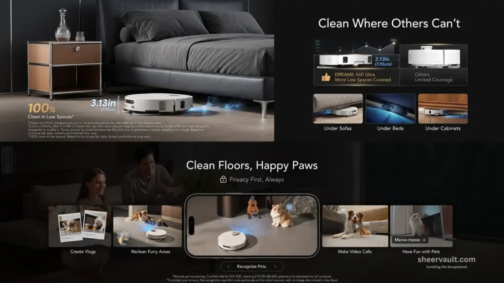 DREAME X60 Ultra Review: 35,000Pa Suction Meets an Ultra-Thin 3.13-Inch Design The Dreame X60 Ultra robot vacuum uses AI-powered dual cameras and 3D structured light to recognize over 280 household objects while cleaning around obstacles.