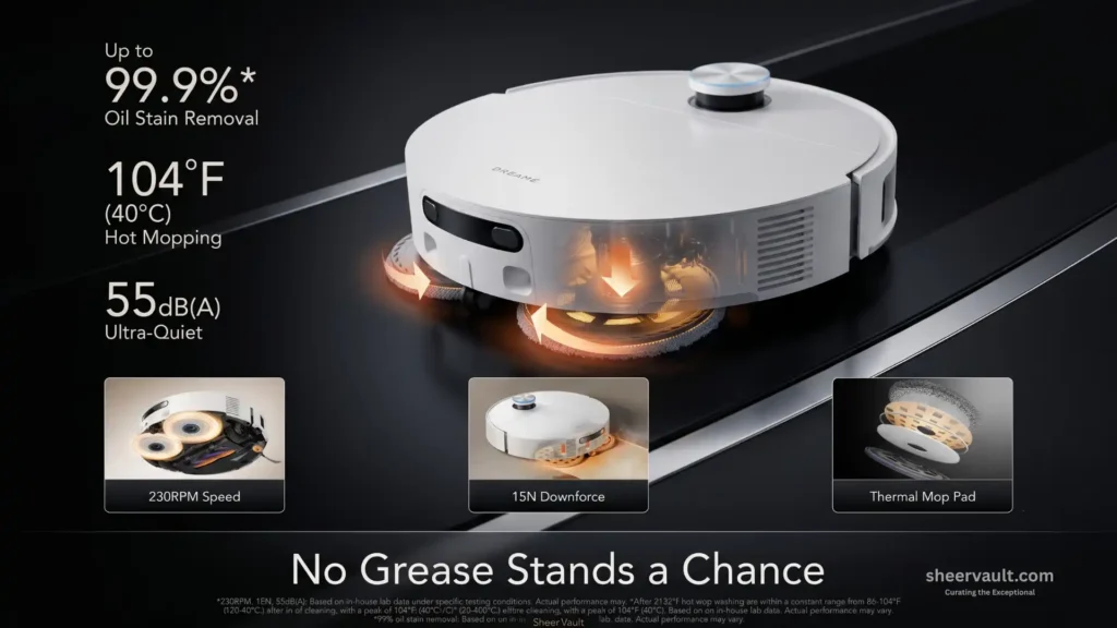 DREAME X60 Ultra Review: 35,000Pa Suction Meets an Ultra-Thin 3.13-Inch Design The Dreame X60 Ultra robot vacuum demonstrates its hot-water mopping system with dual rotating mop pads designed to remove stubborn floor stains.