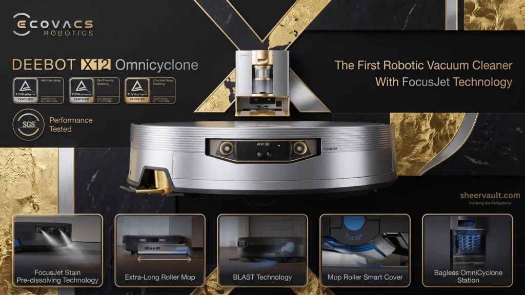 ECOVACS DEEBOT X12 OMNICYCLONE Review ECOVACS DEEBOT X12 OMNICYCLONE robot vacuum showcasing FocusJet pre-spraying technology, self-washing roller mop, BLAST suction system, and bagless OmniCyclone docking station.