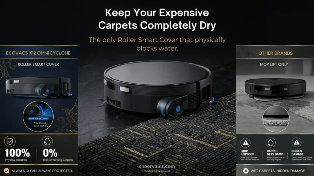 ECOVACS DEEBOT X12 OMNICYCLONE Review ECOVACS DEEBOT X12 OMNICYCLONE Roller Smart Cover demonstrating 100% physical isolation and zero risk of wetting carpets compared to other brands.
