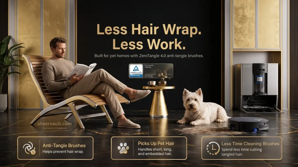 ECOVACS DEEBOT X12 OMNICYCLONE Review ECOVACS DEEBOT X12 OMNICYCLONE robot vacuum cleaning pet hair with ZeroTangle 4.0 anti-tangle brushes in a home with a dog.