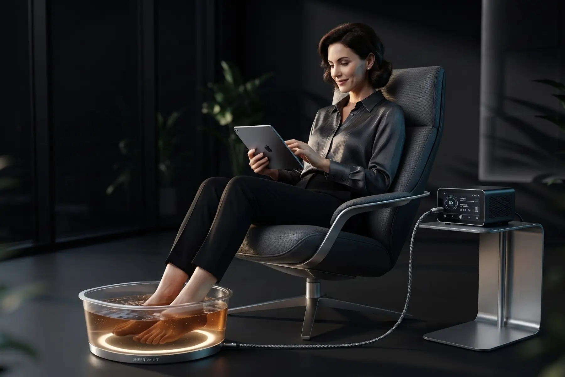A woman using an advanced home foot bath recovery device in a luxurious, dimly lit lounge setting.