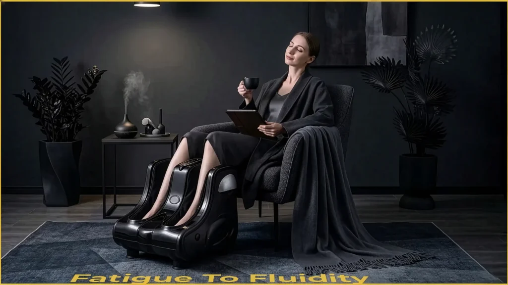 A woman relaxing in a dark luxury room using the black Giantex Shiatsu foot and calf massager for deep tissue foot pain relief
