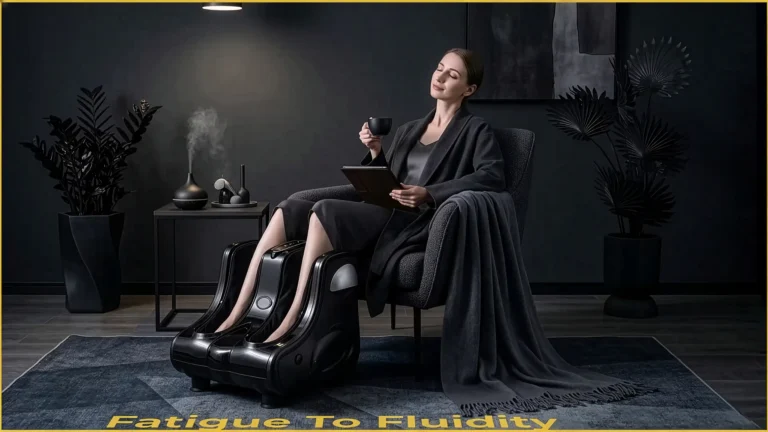 A woman relaxing in a dark luxury room using the black Giantex Shiatsu foot and calf massager for deep tissue foot pain relief