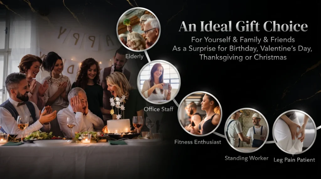 A montage showing various people who benefit from a Giantex foot and calf massager, including elderly, office staff, fitness enthusiasts, and standing workers.