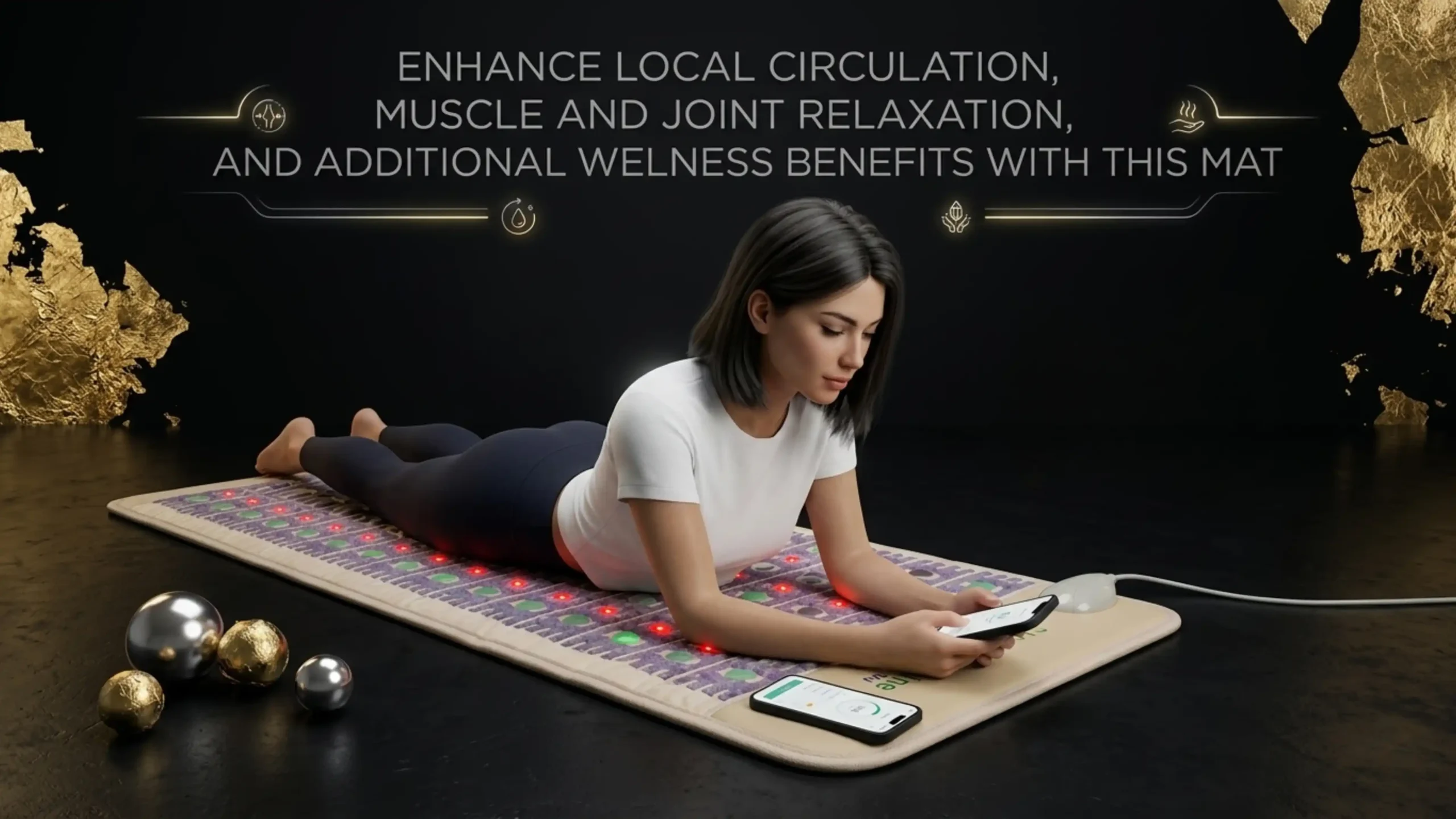 Ditch your old heating pad. The HealthyLineTAJ Mat review explores how PEMF, far-infrared heat A woman relaxing on a HealthyLine TAJ Mat featuring PEMF, far-infrared heat, and crystal therapy for muscle pain relief.