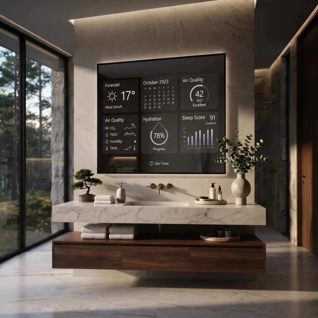 A sleek smart mirror with edge-lit LED, mounted against a dark, dramatic marble wall in a professional wellness studio.