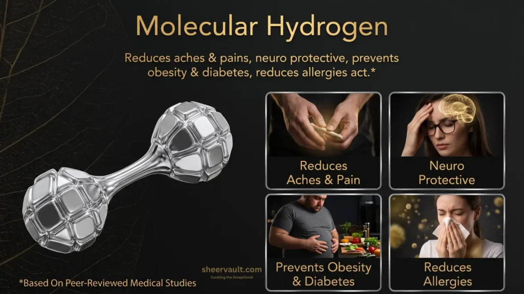 Aqua Ionizer Deluxe 7.0 | Water Ionizer | Alkaline Water Filtration System | Produces pH 4.5-11.0 | Up to -800mV ORP | 4000 Liters Per Filter | 7 Water Settings Infographic detailing molecular hydrogen health benefits including pain reduction, neuroprotection, obesity prevention, and allergy relief against a dark textured background.
