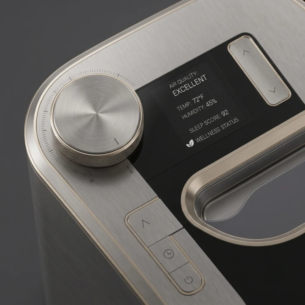 Close-up macro shot of a premium brushed-metal interface with a precision control dial for smart home wellness devices.
