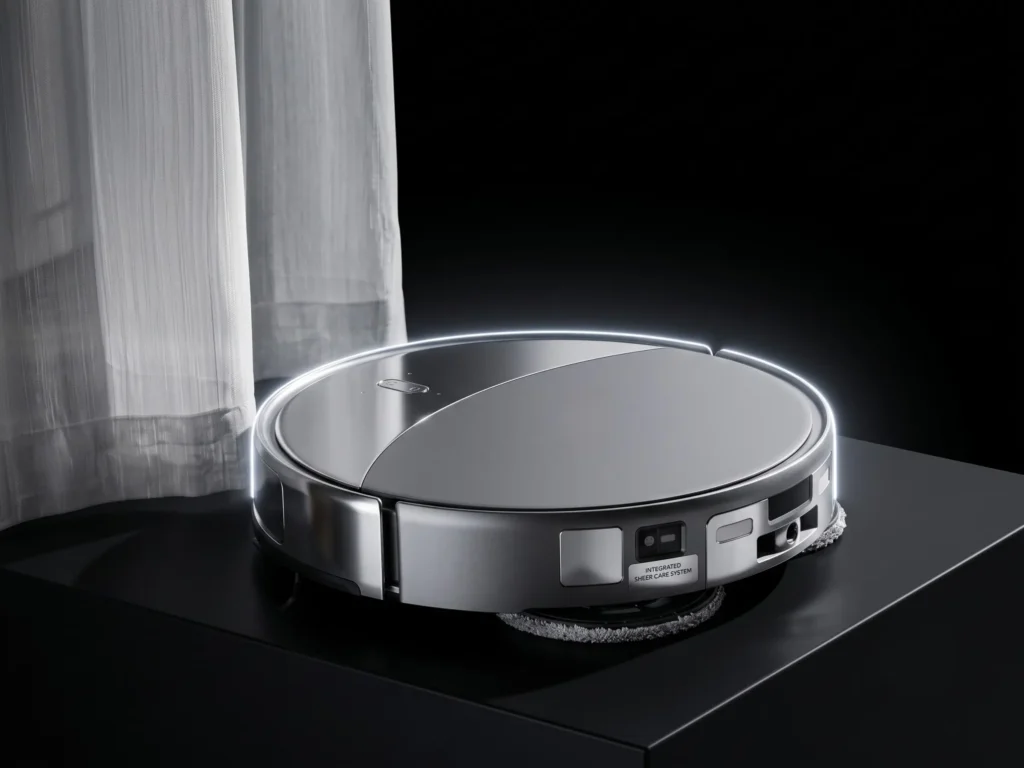 A sleek, metallic robot vacuum and mop featuring an integrated Sheer Care System for advanced home cleaning.