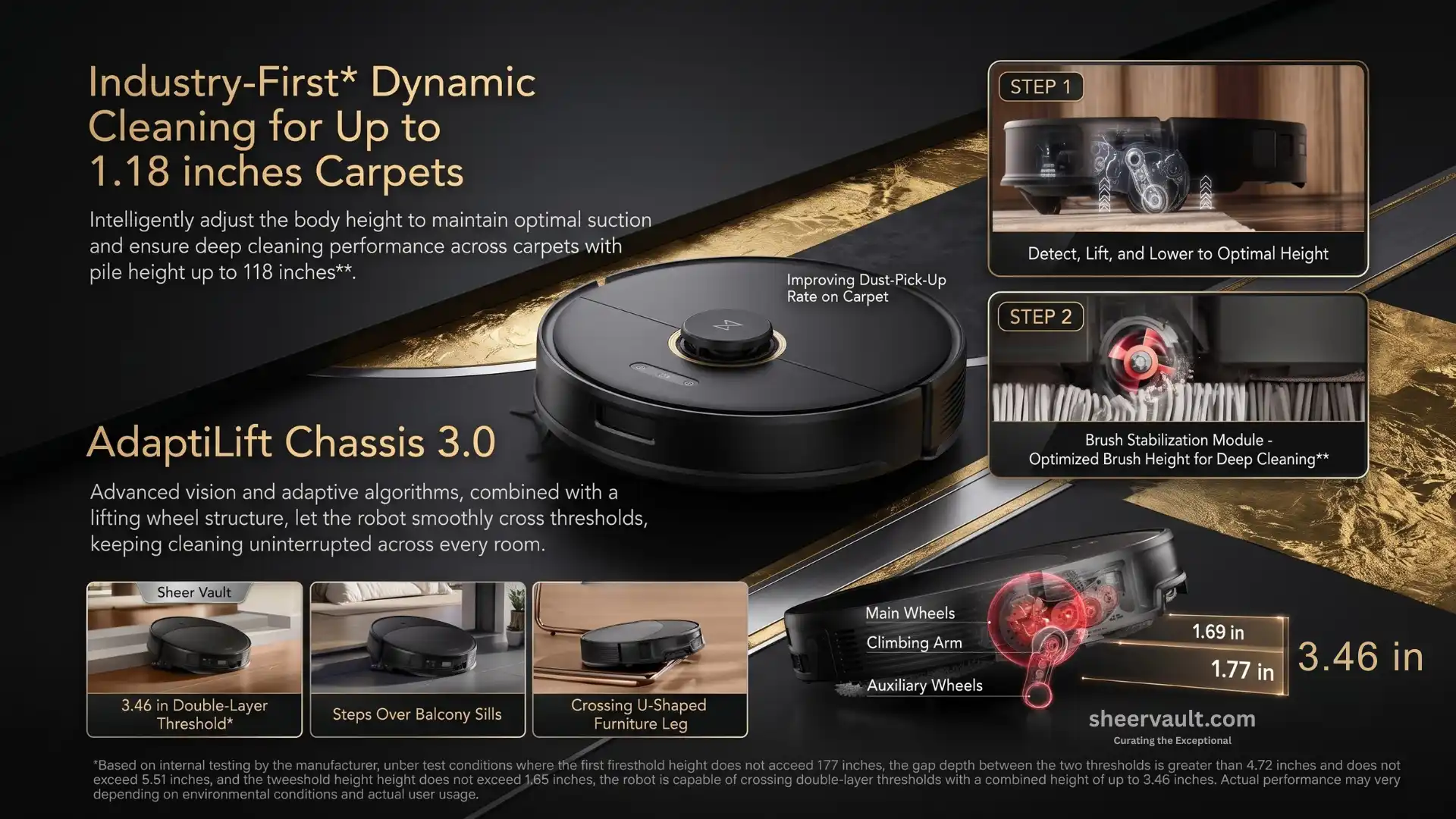 Roborock Saros 20 Review Roborock Saros 20 robot vacuum using AdaptiLift Chassis 3.0 to adjust body height for improved carpet cleaning and threshold climbing up to 3.46 inches.