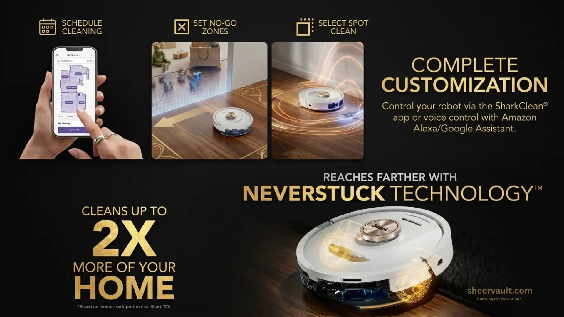 Shark PowerDetect NeverTouch Pro Robot Vacuum & Mop Shark robot vacuum controlled through the SharkClean app with scheduled cleaning, no-go zones and targeted room cleaning