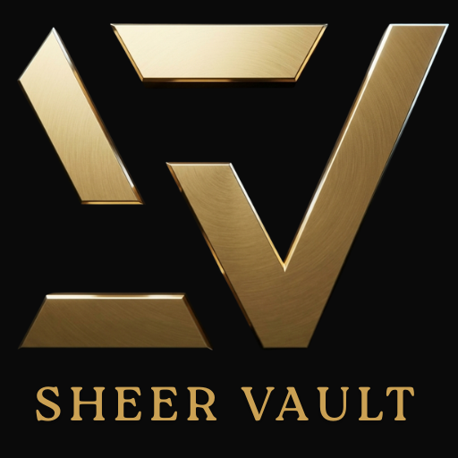 Sheer Vault luxury brand logo featuring a brushed gold geometric SV monogram on a black background.