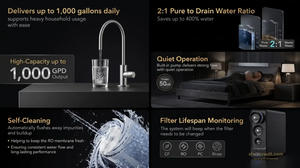 iSpring RO1000-BN Tankless Reverse Osmosis Water Filtration System, 1000 GPD Fast Flow Infographic breakdown of the iSpring RO1000-BN features showcasing its 2:1 pure-to-drain water ratio, automatic self-cleaning membrane flush, and filter monitoring.