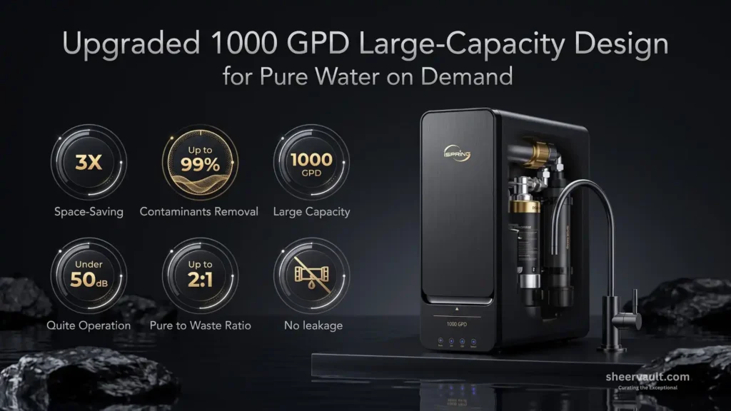 iSpring RO1000-BN Tankless Reverse Osmosis Water Filtration System, 1000 GPD Fast Flow The iSpring RO1000-BN tankless reverse osmosis system showcased in a cinematic dark setting highlighting its 1000 GPD capacity and quiet performance metrics.