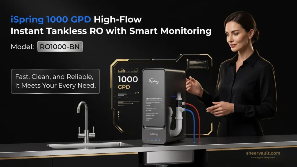 iSpring RO1000-BN Tankless Reverse Osmosis Water Filtration System, 1000 GPD Fast Flow A woman interacting with the smart digital panel and sleek enclosure of the iSpring RO1000-BN tankless reverse osmosis system installed in a luxury kitchen.
