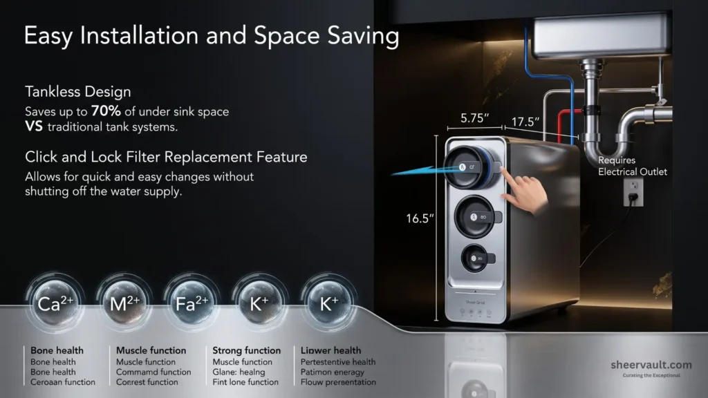 iSpring RO1000-BN Tankless Reverse Osmosis Water Filtration System, 1000 GPD Fast Flow Under-sink installation diagram and dimensions of the iSpring RO1000-BN tankless water system demonstrating its tool-free click-and-lock filter replacement.