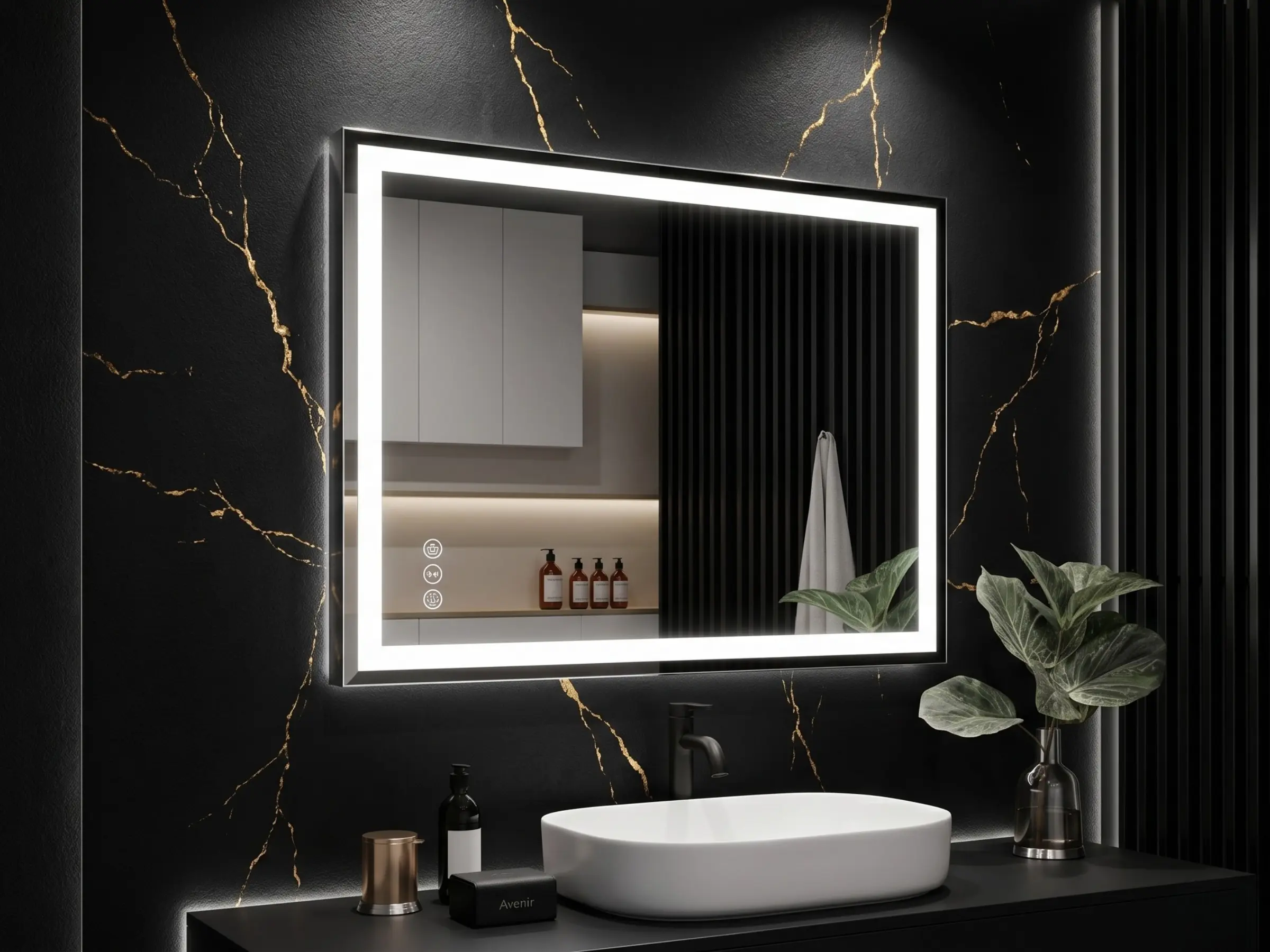 A luxurious illuminated smart mirror mounted on a black marble wall with gold accents.