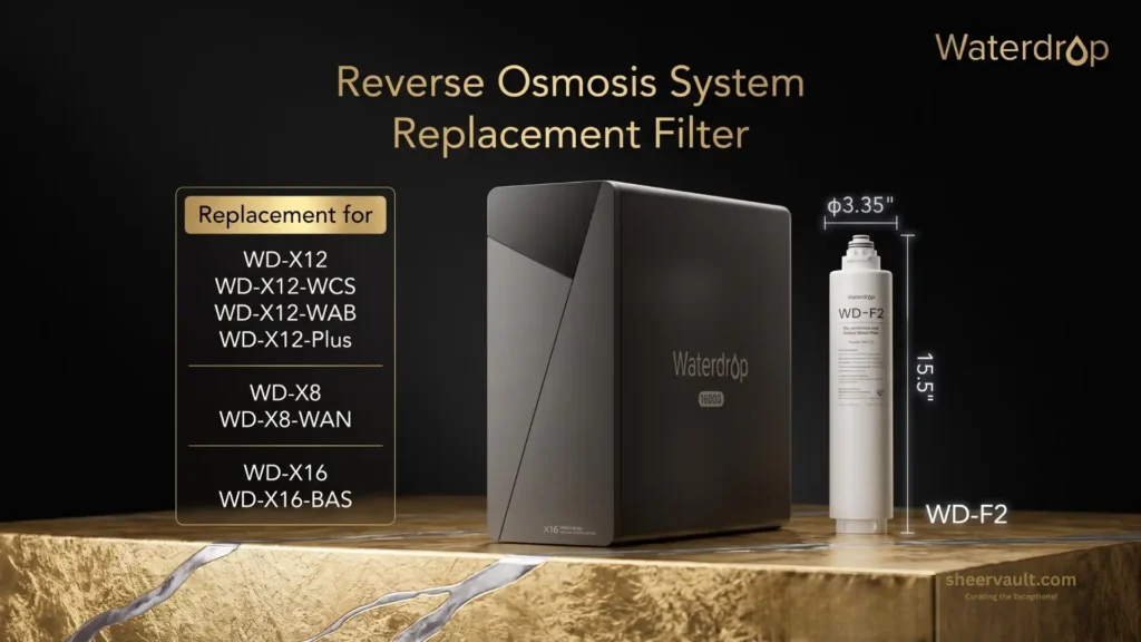 Waterdrop X12-WAQ Review (2026): Advanced 1200 GPD Tankless RO Water Filter Worth Buying? Waterdrop X12 main unit displayed alongside the WD-F2 replacement filter, highlighting compatibility details and exact physical dimensions.