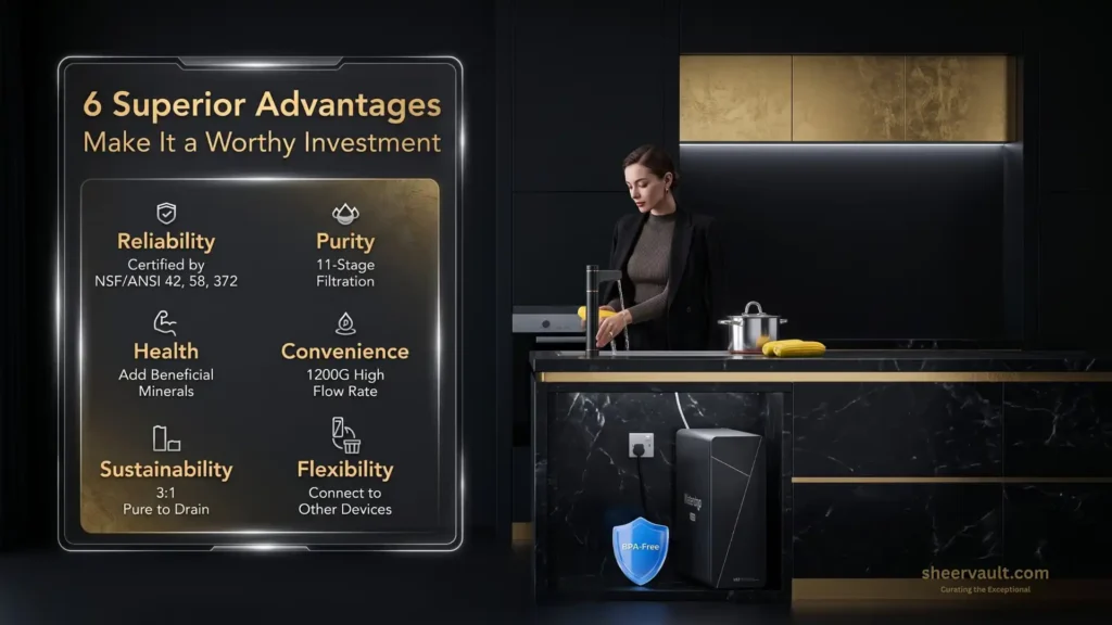 Waterdrop X12-WAQ Review (2026): Advanced 1200 GPD Tankless RO Water Filter Worth Buying? Infographic detailing the six superior advantages of the Waterdrop X12-WAQ under-sink water filter system, including NSF certifications, 11-stage filtration, and 1200G high flow rate.