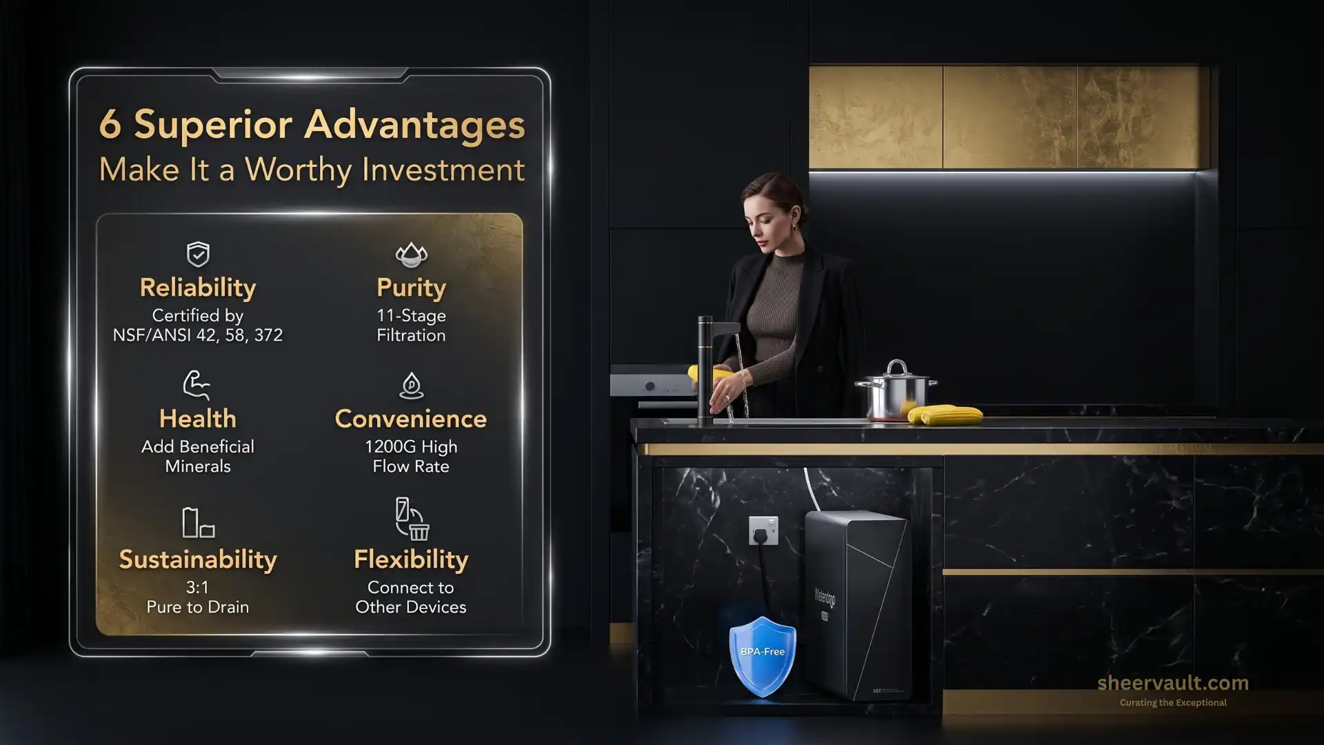 Waterdrop X12-WAQ Review (2026): Advanced 1200 GPD Tankless RO Water Filter Worth Buying? Waterdrop X12-WAQ Review: Infographic detailing the six superior advantages of the Waterdrop X12-WAQ under-sink water filter system, including NSF certifications, 11-stage filtration, and 1200G high flow rate.