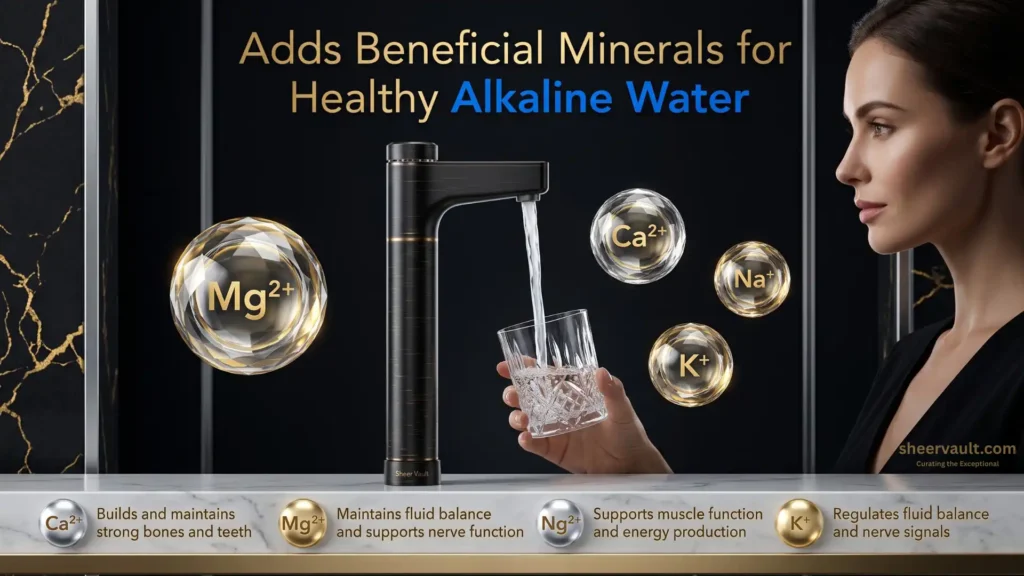 Waterdrop X12-WAQ Review (2026): Advanced 1200 GPD Tankless RO Water Filter Worth Buying? Waterdrop smart faucet pouring alkaline mineral water into a crystal glass, surrounded by floating mineral ions including magnesium, calcium, sodium, and potassium.