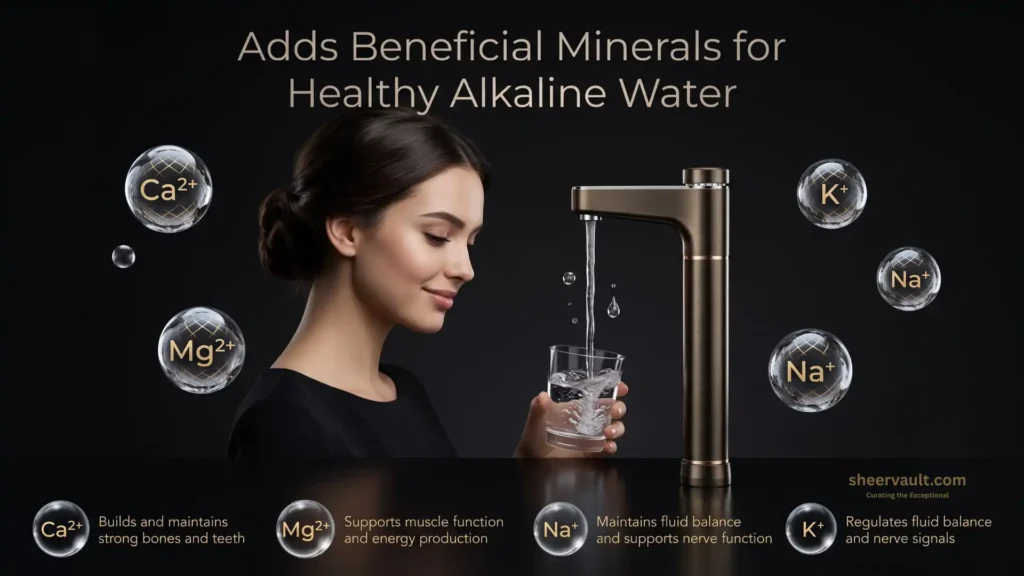 Waterdrop X12-WAQ Review (2026): Advanced 1200 GPD Tankless RO Water Filter Worth Buying? Close-up of mineral-rich alkaline water pouring from a designer faucet with descriptive text outlining the biological roles of calcium, magnesium, sodium, and potassium.