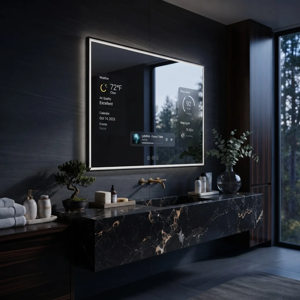 A high-end smart bathroom mirror in a modern luxury suite, displaying integrated weather, air quality, and sleep score analytics.