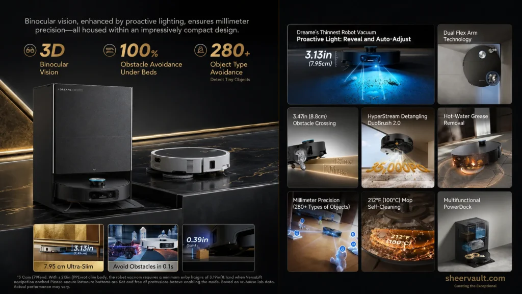 Dreame X60 Ultra robot vacuum showing its 3.13-inch low-profile design, obstacle avoidance and multifunctional PowerDock