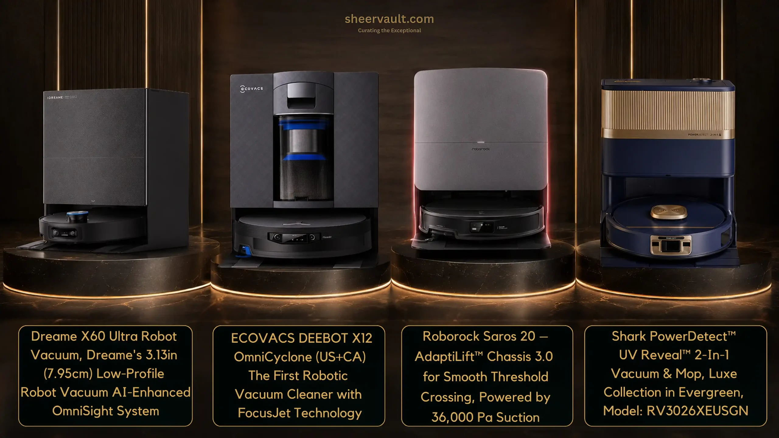 Best robot vacuums 2026 comparison featuring Roborock Saros 20, Dreame X60 Ultra, ECOVACS X12 OmniCyclone and Shark PowerDetect UV Reveal