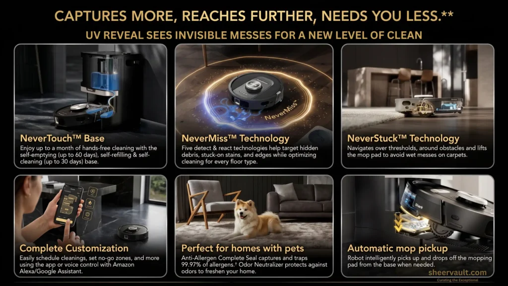 Shark PowerDetect™ UV Reveal™ Review Shark PowerDetect UV Reveal robot vacuum with UV stain detection, NeverTouch base and automatic mop pickup