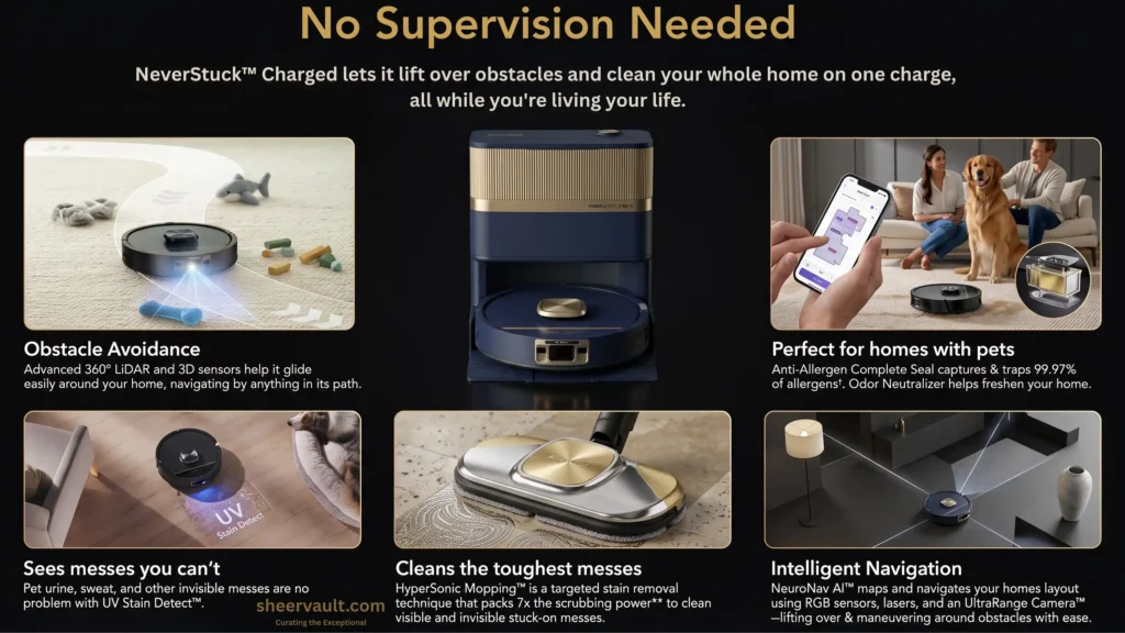 Shark PowerDetect™ UV Reveal™ Review Shark PowerDetect UV Reveal robot vacuum navigating around obstacles, pets and hidden messes with UV stain detection