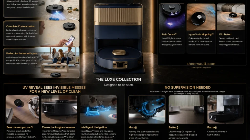 Shark PowerDetect UV Reveal robot vacuum and mop featuring UV Stain Detect, HyperSonic Mopping, Dirt Detect and intelligent navigation