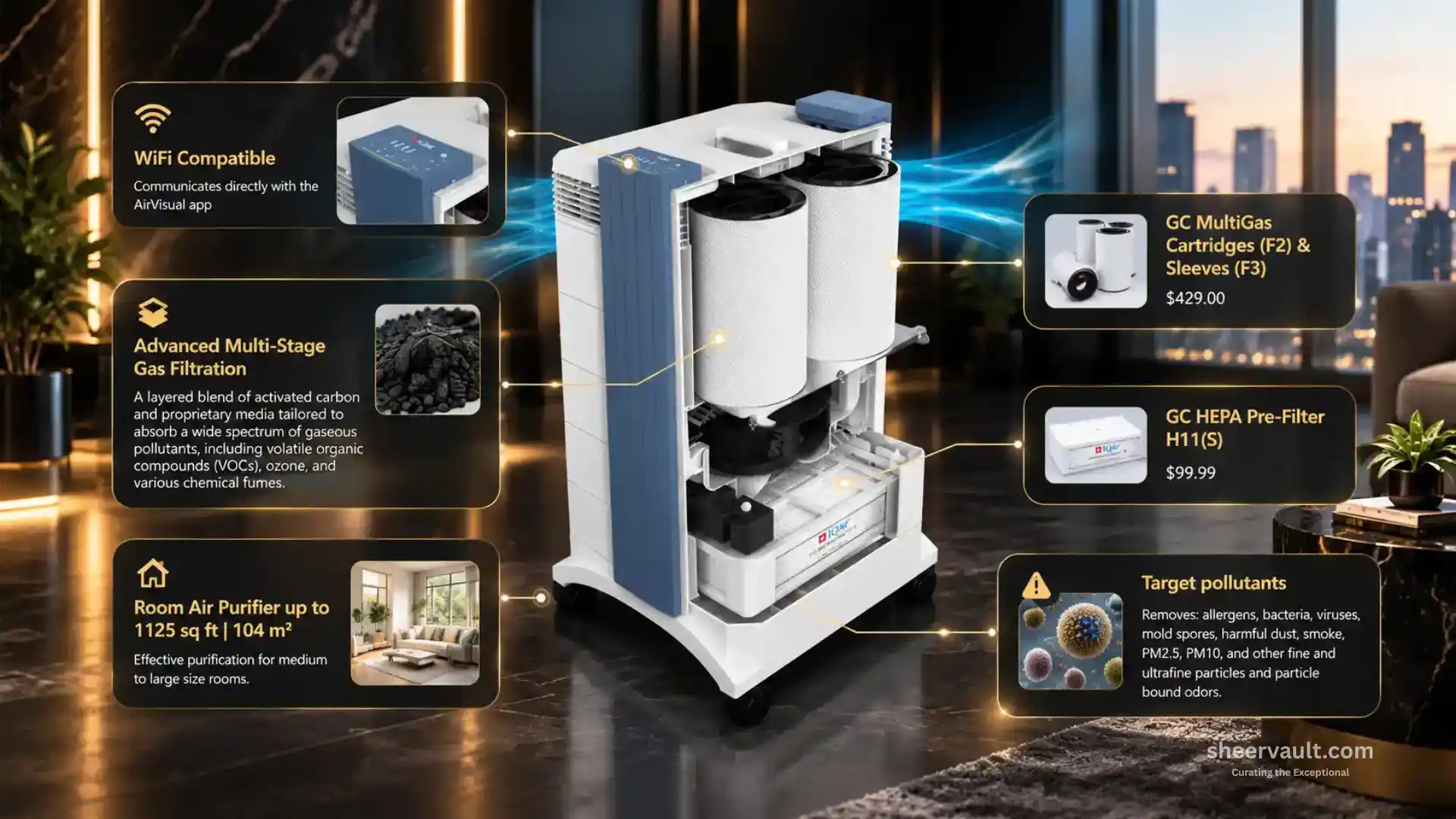 IQAir GC MultiGas XE Review Cutaway view of IQAir GC MultiGas XE showing MultiGas cartridges, pre-filter, Wi-Fi connectivity and filtration system