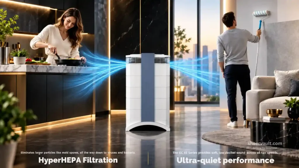 IQAir GC MultiGas XE Review IQAir GC MultiGas XE air purifier showing HyperHEPA filtration and quiet operation in a modern home