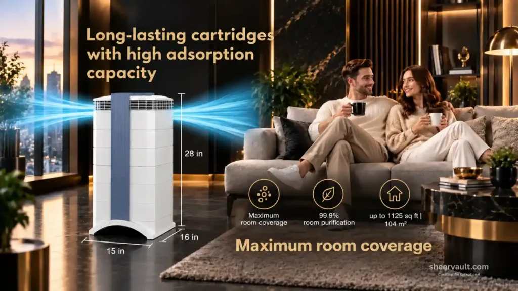 IQAir GC MultiGas XE Review IQAir GC MultiGas XE air purifier shown with 28-inch height and room coverage up to 1,125 square feet