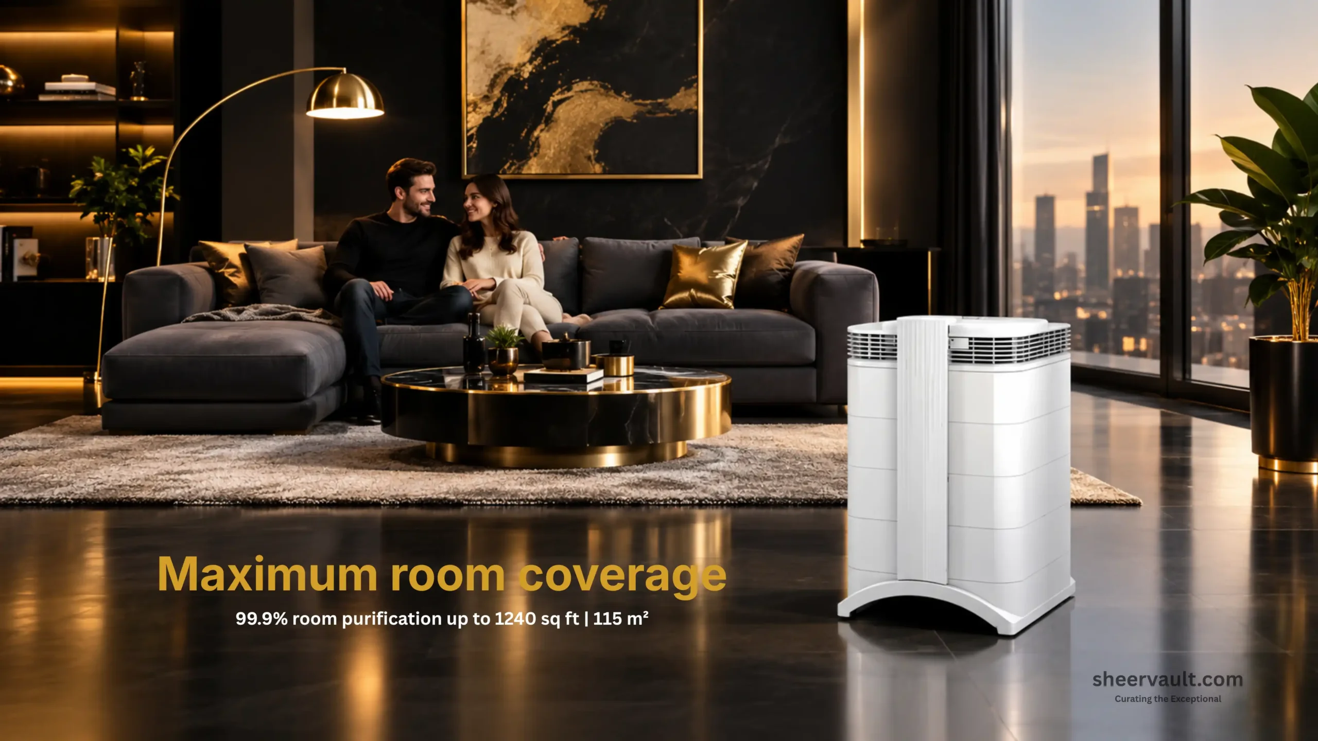 IQAir HealthPro Compact XE Review IQAir HealthPro Compact XE air purifier positioned in a spacious luxury living room, illustrating its large-room air-cleaning capability.