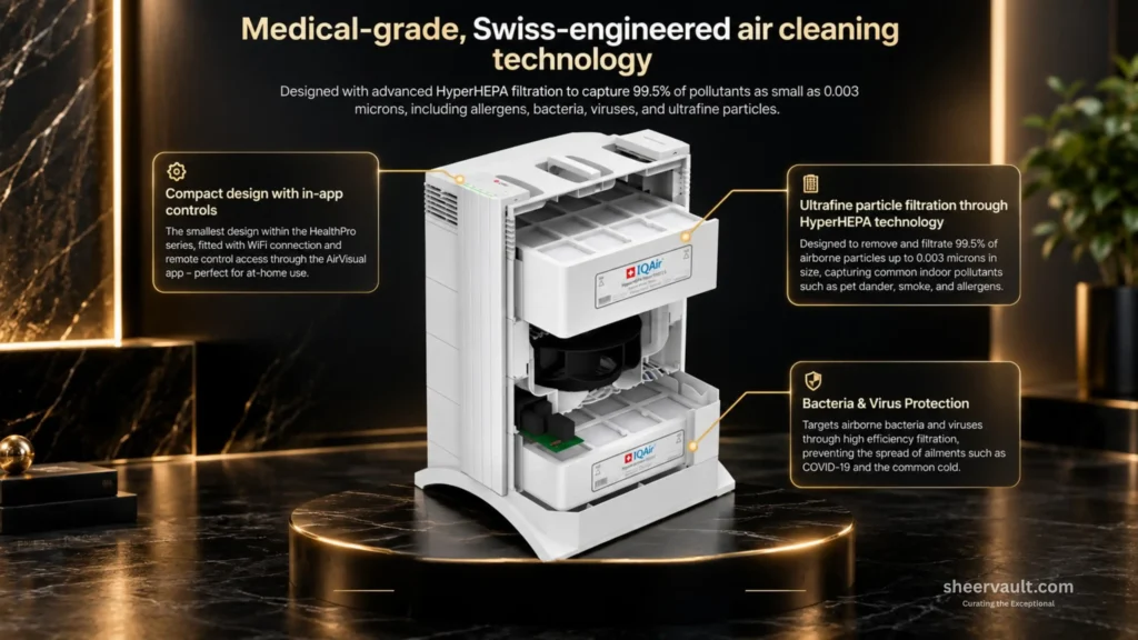 IQAir HealthPro Compact XE Review Cutaway view of the IQAir HealthPro Compact XE showing its internal filtration system and HyperHEPA filter stages.