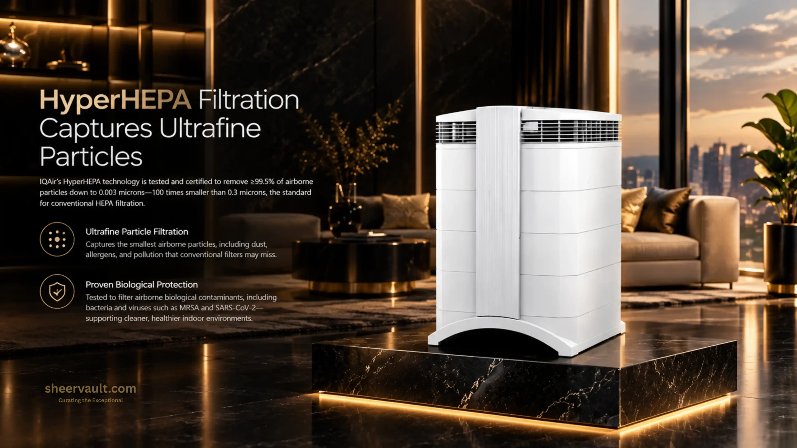 IQAir HealthPro Compact XE Review IQAir HealthPro Compact XE air purifier with HyperHEPA filtration in a luxury interior, illustrating ultrafine particle filtration.