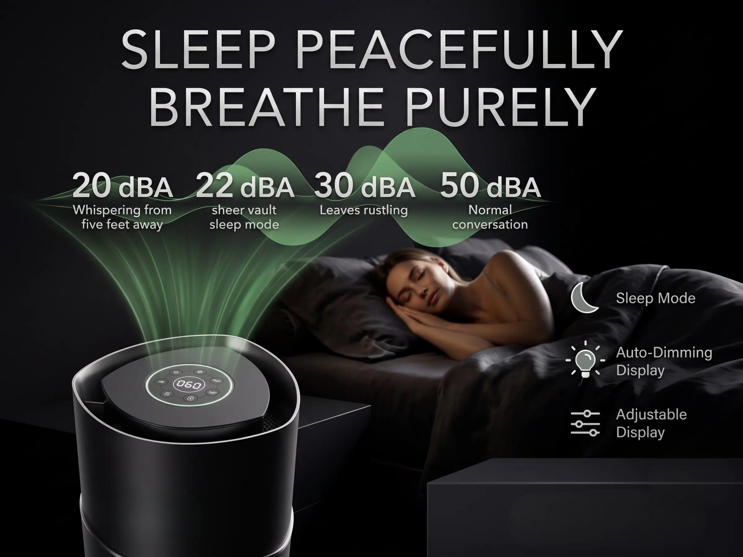 Home Luxury wellness products: Black air purifier with sleep mode beside a sleeping woman in a dark bedroom